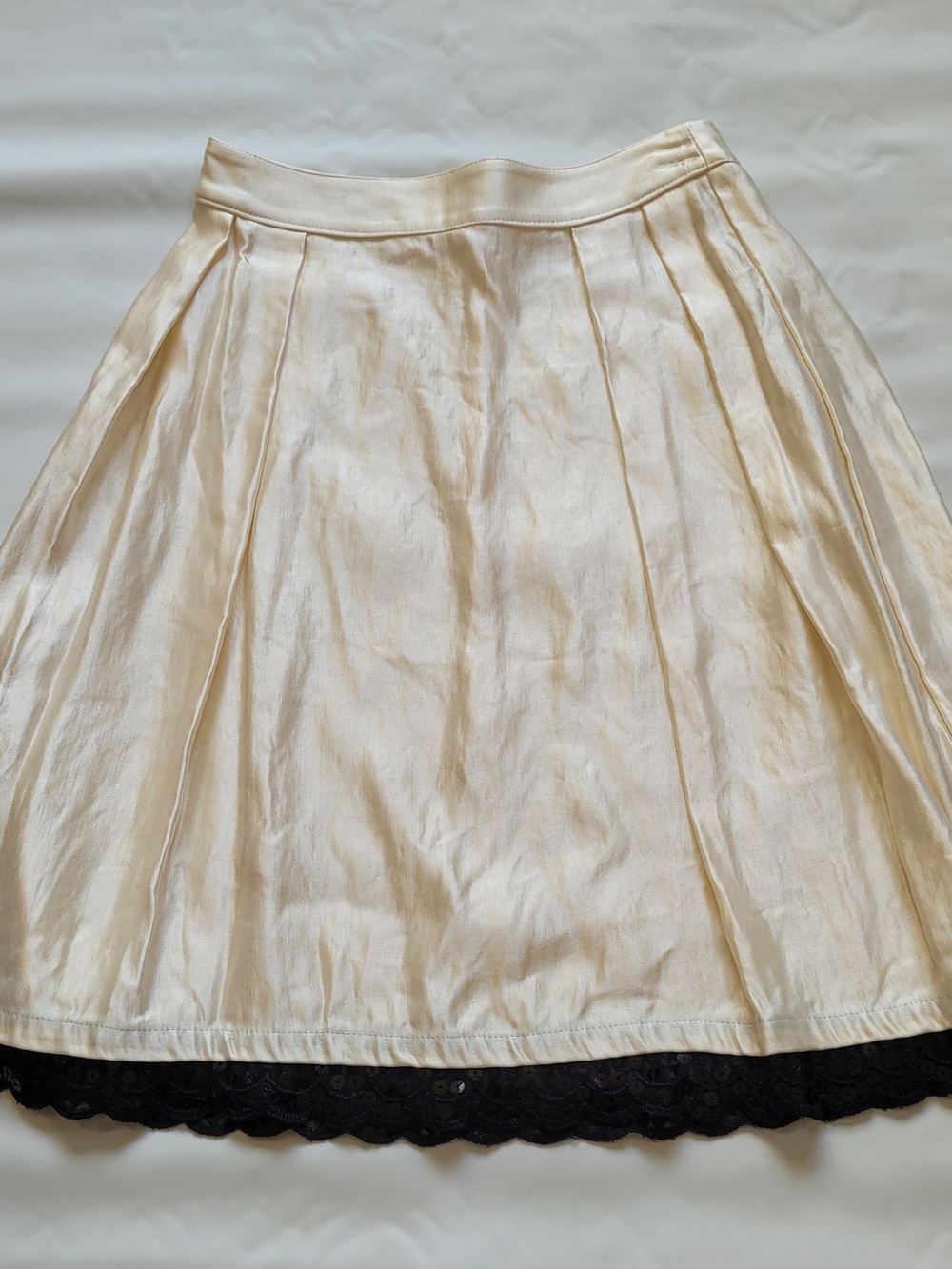 Silk Cream Midi Skirt with Black Lace Sequin Trim